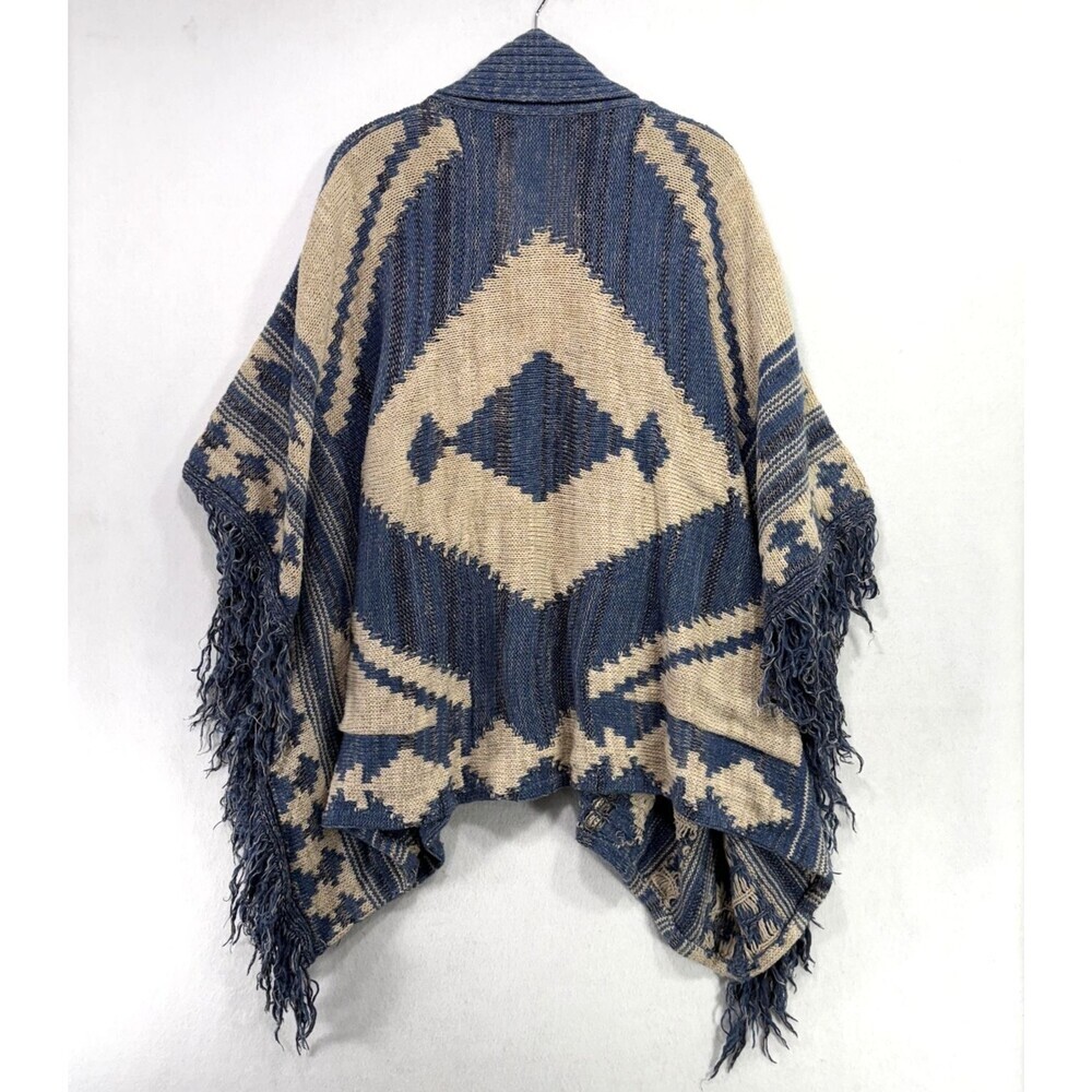 Lauren Ralph Lauren Poncho Cardigan Women L Blue Beige Wool Linen Southwestern - Picture 2 of 15